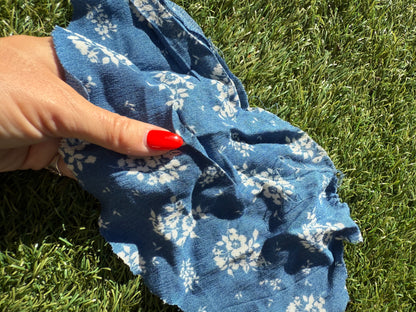 Blue White Floral Rayon Crepe Woven "Sunbleached blooms"