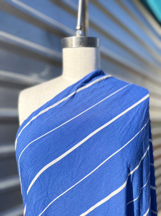 Blue White Stripe Print Rayon Crepe Woven "Hermosa"