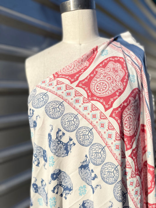 White Blue Pink Elephant Hand Border Print Rayon Crepe Woven "Arya"