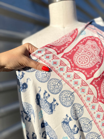 White Blue Pink Elephant Hand Border Print Rayon Crepe Woven "Arya"