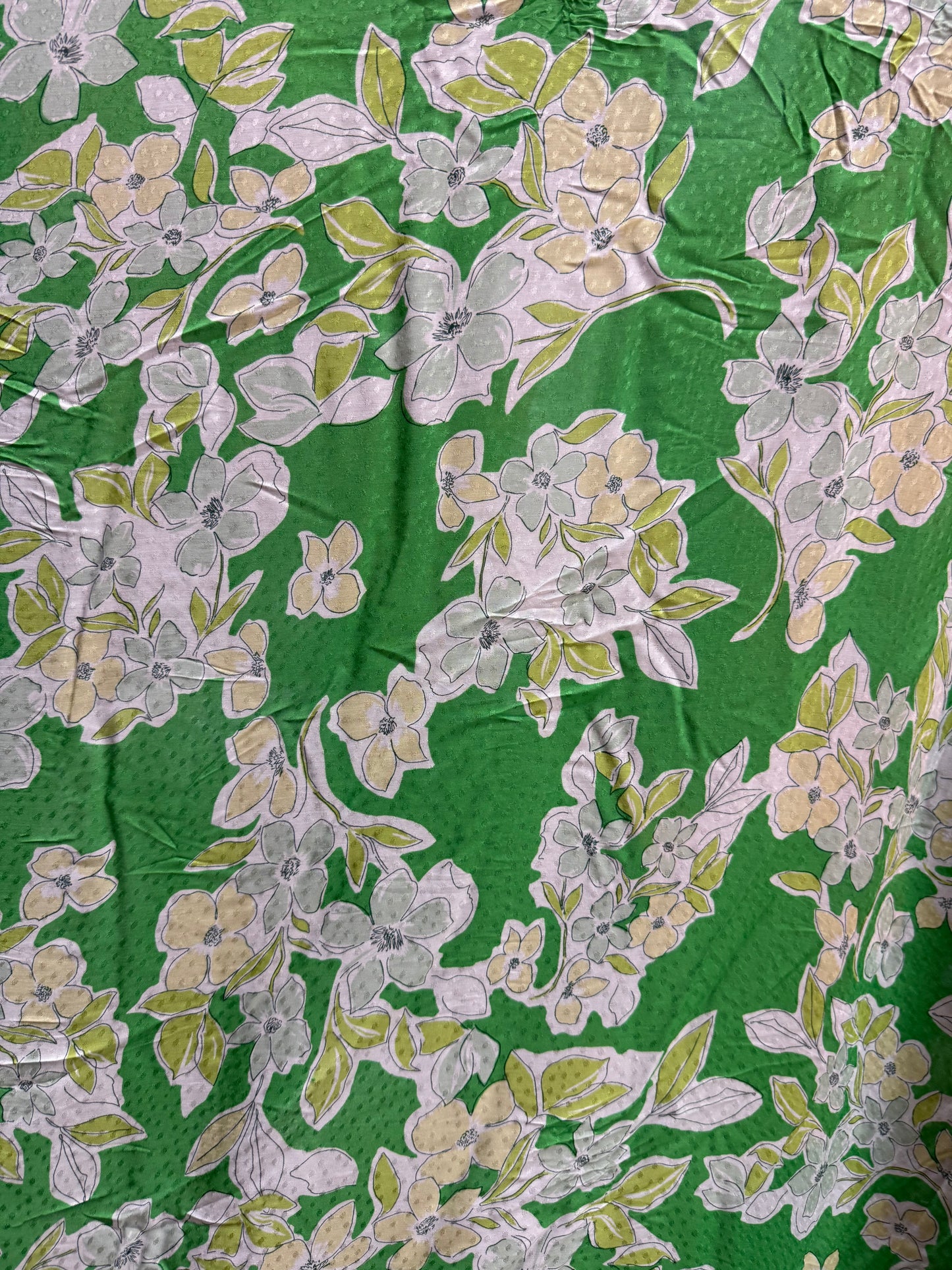 Green White Yellow Spring Floral Print Sheer Dot Rayon Challis Woven "Going Green"