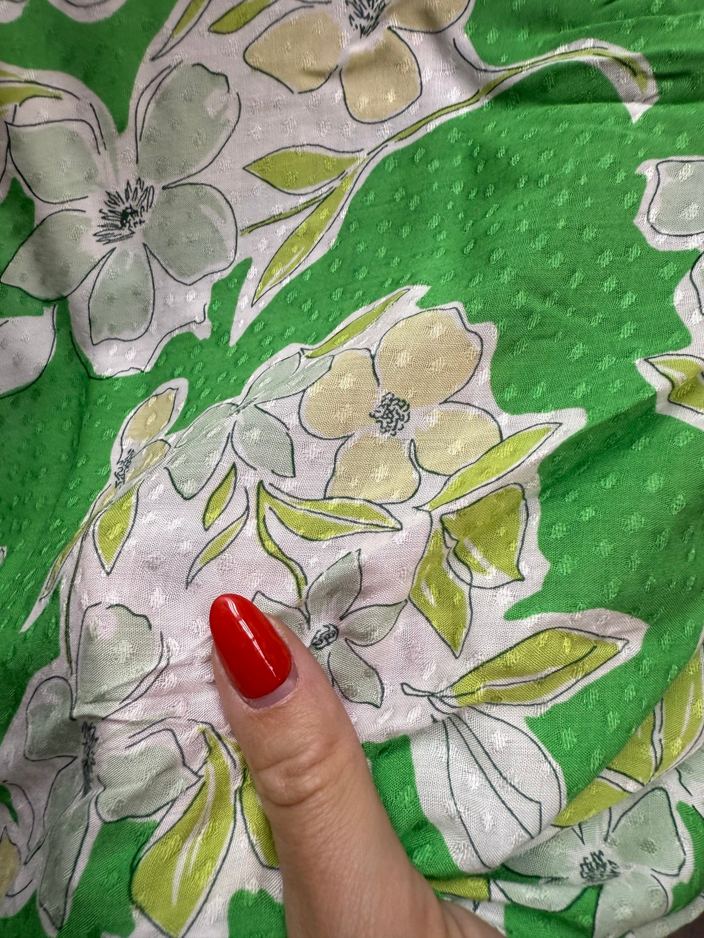 Green White Yellow Spring Floral Print Sheer Dot Rayon Challis Woven "Going Green"