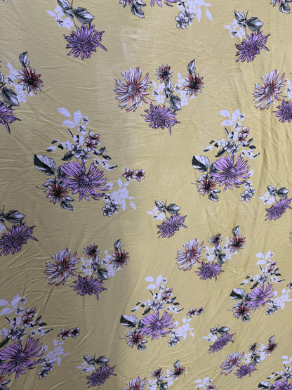Yellow Pink White Floral Print Rayon Crepe Woven "Mellow Chrysanthemum"