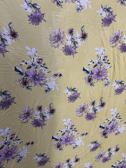 Yellow Pink White Floral Print Rayon Crepe Woven "Mellow Chrysanthemum"