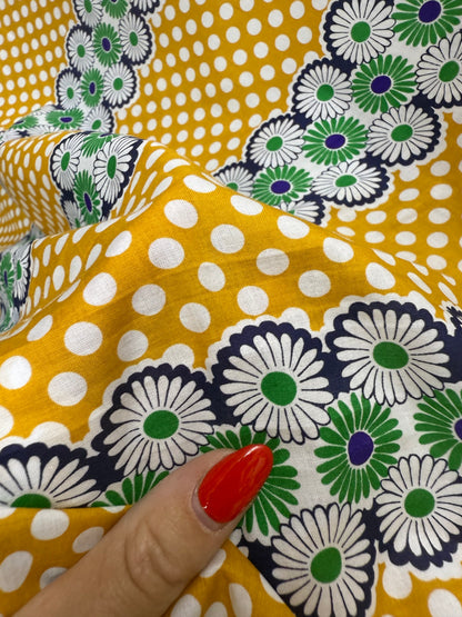 Yellow Green Blue White Daisy Reto Floral Print Cotton Voile Woven "Dandy"