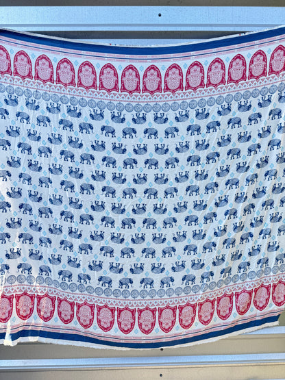 White Blue Pink Elephant Hand Border Print Rayon Crepe Woven "Arya"
