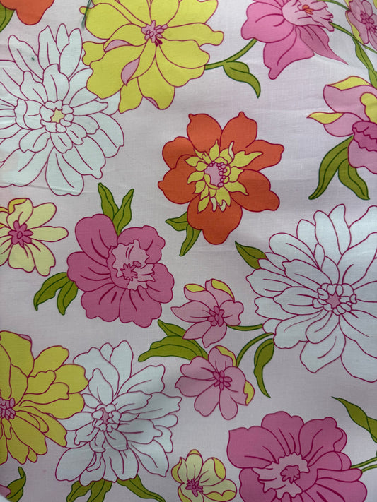 Pink Yellow White Orange Green large Floral Print Vintage Cotton Spandex Poplin Woven "Blooming floral"
