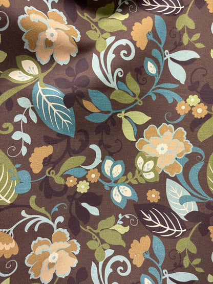 Brown Green Teal Floral Swirl Vintage Cotton Canvas "Chocolate Garden"