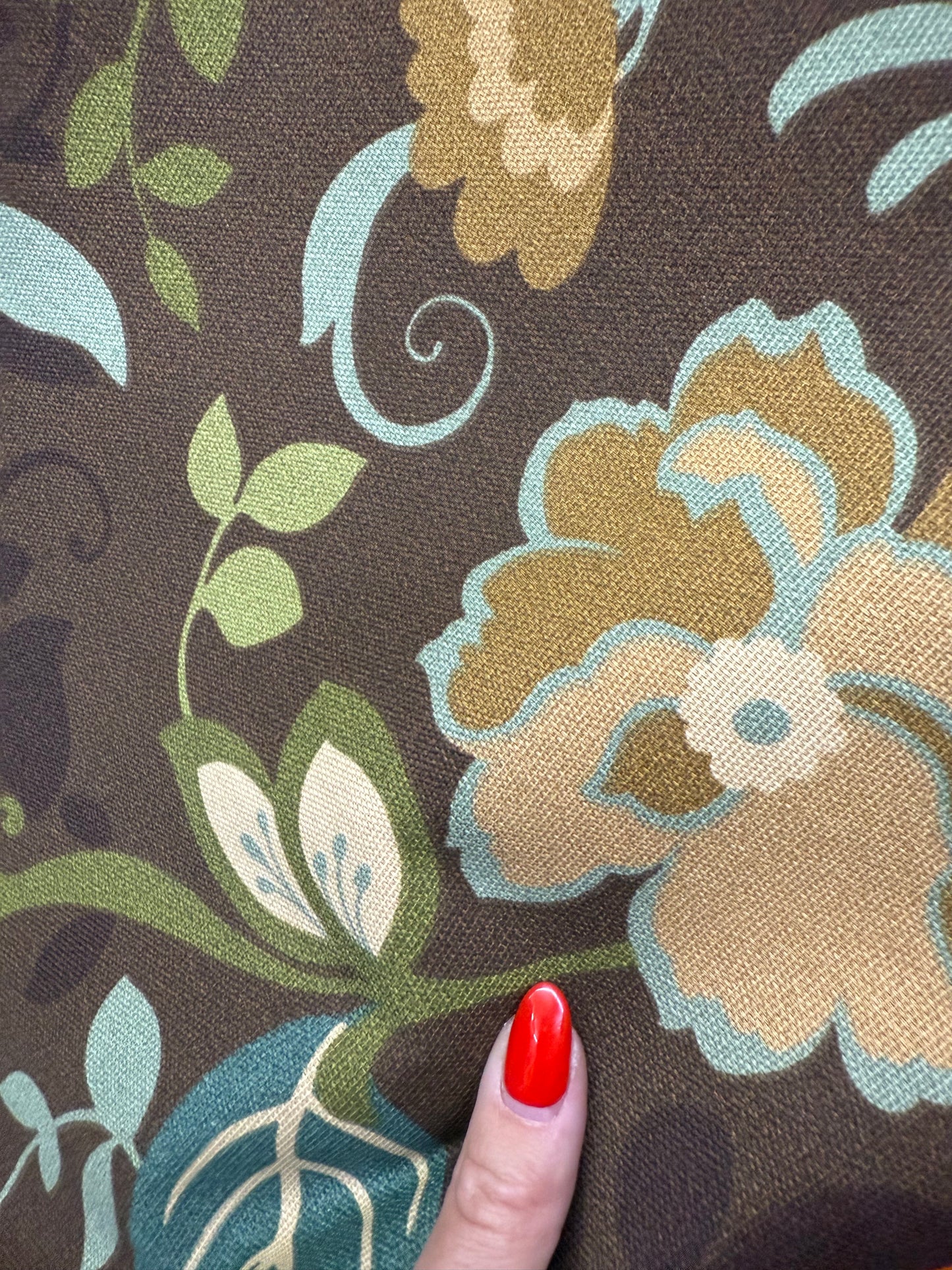 Brown Green Teal Floral Swirl Vintage Cotton Canvas "Chocolate Garden"
