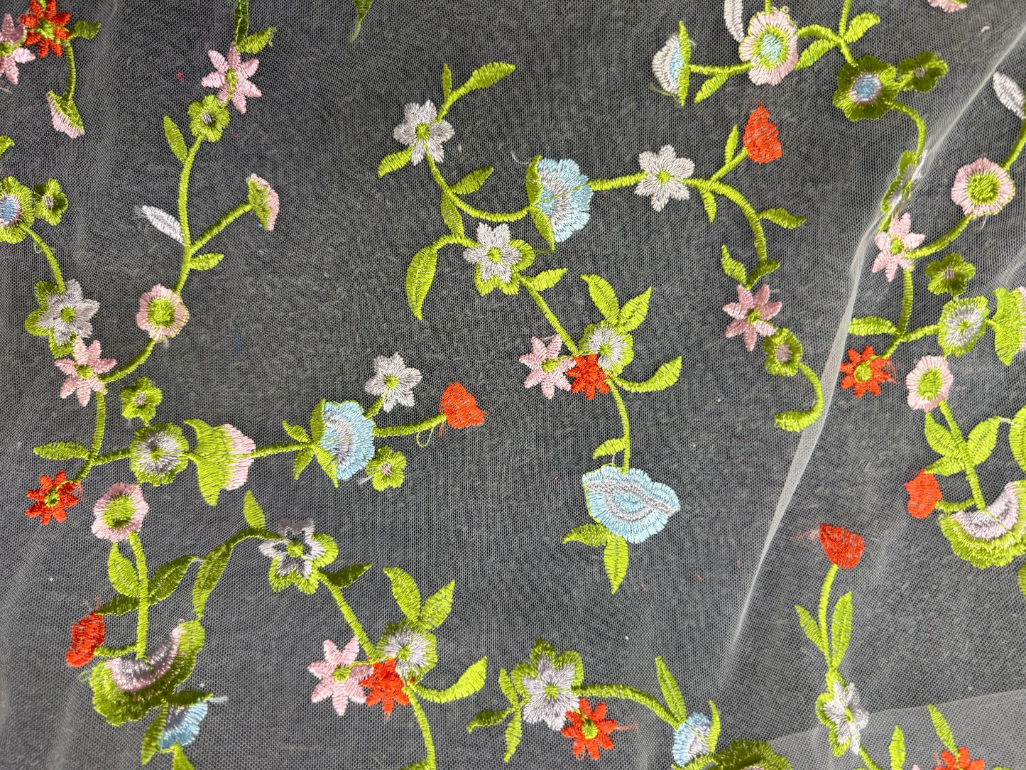 Blue Red Pink Green Floral Overlay Embroidered Lace Mesh "Blooming Vine"