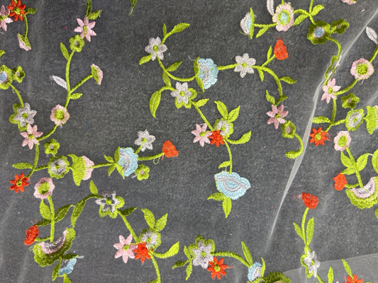 Blue Red Pink Green Floral Overlay Embroidered Lace Mesh "Blooming Vine"