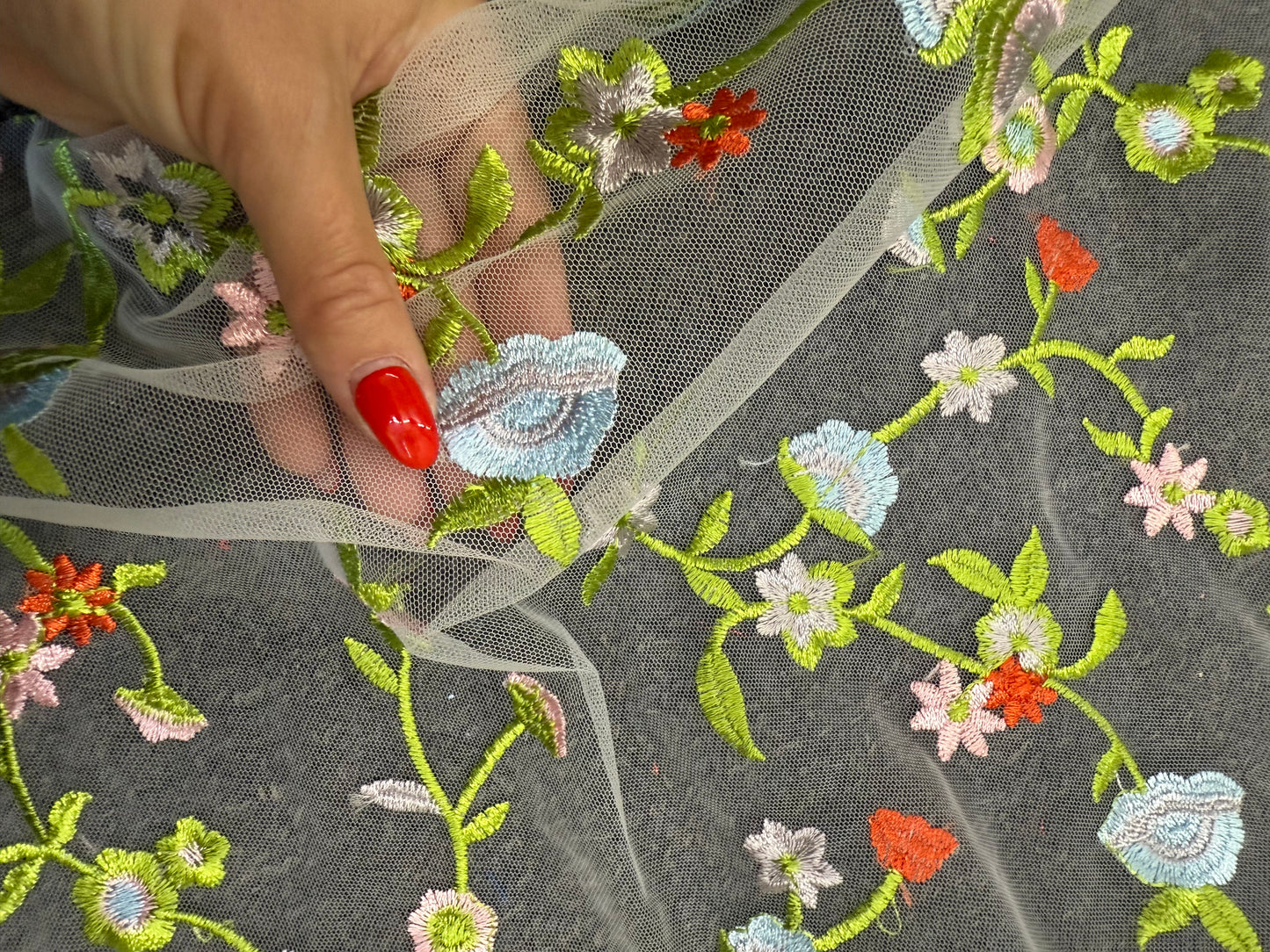 Blue Red Pink Green Floral Overlay Embroidered Lace Mesh "Blooming Vine"