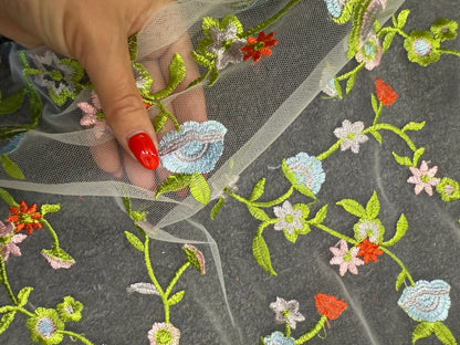 Blue Red Pink Green Floral Overlay Embroidered Lace Mesh "Blooming Vine"