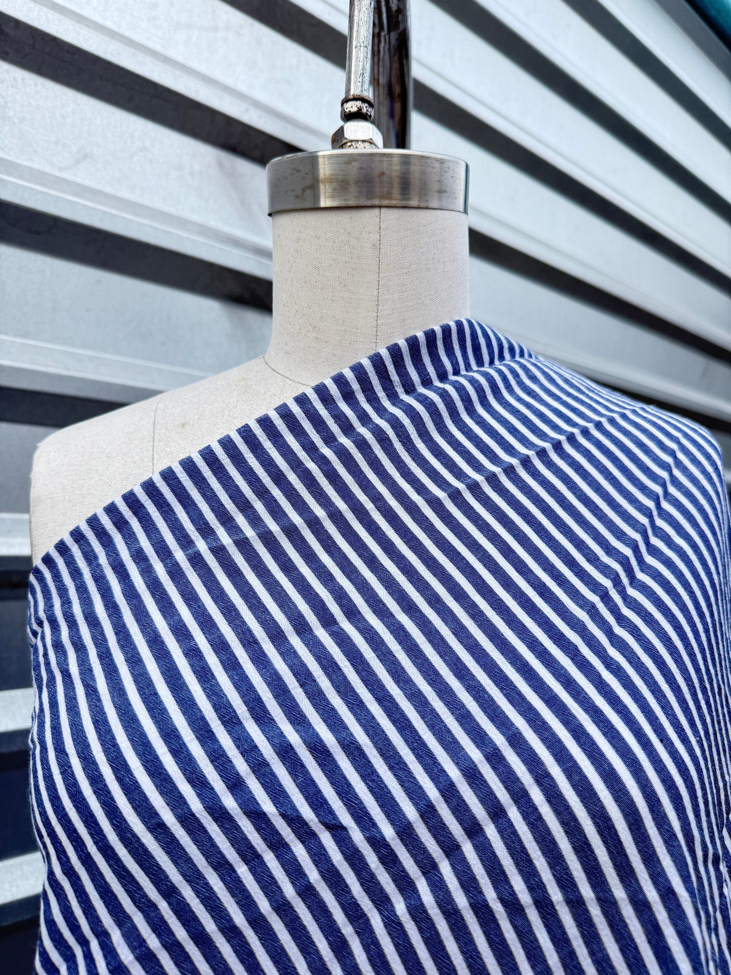 Blue White Stripe Crinkle Cotton Woven Shirting "Seas the Day"