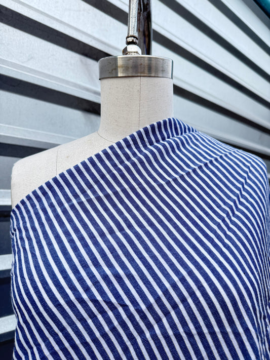 Blue White Stripe Crinkle Cotton Woven Shirting "Seas the Day"