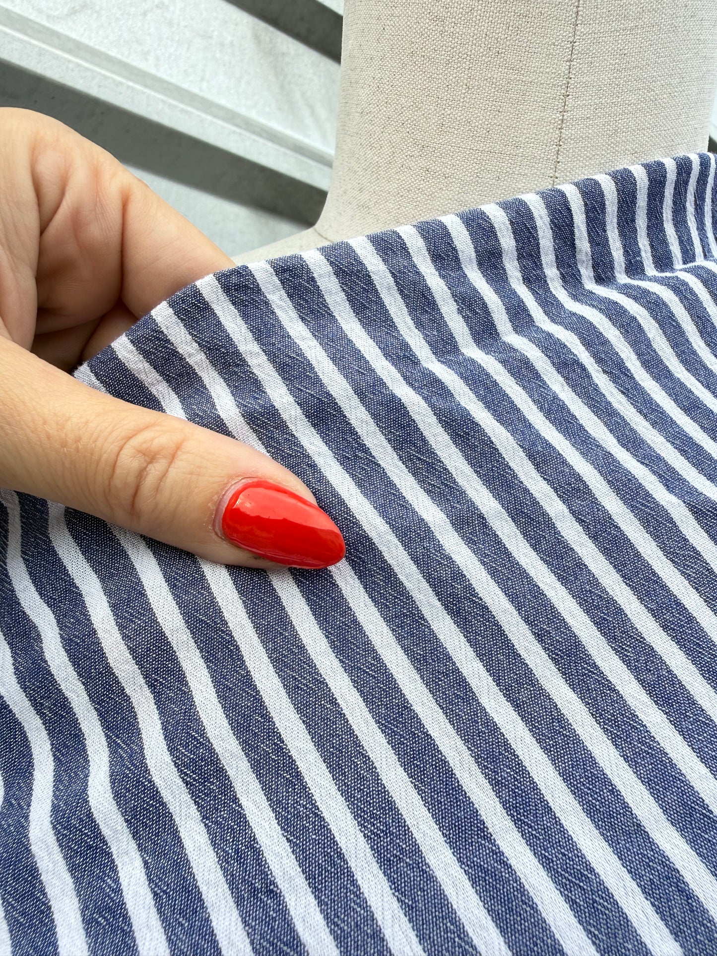 Blue White Stripe Crinkle Cotton Woven Shirting "Seas the Day"