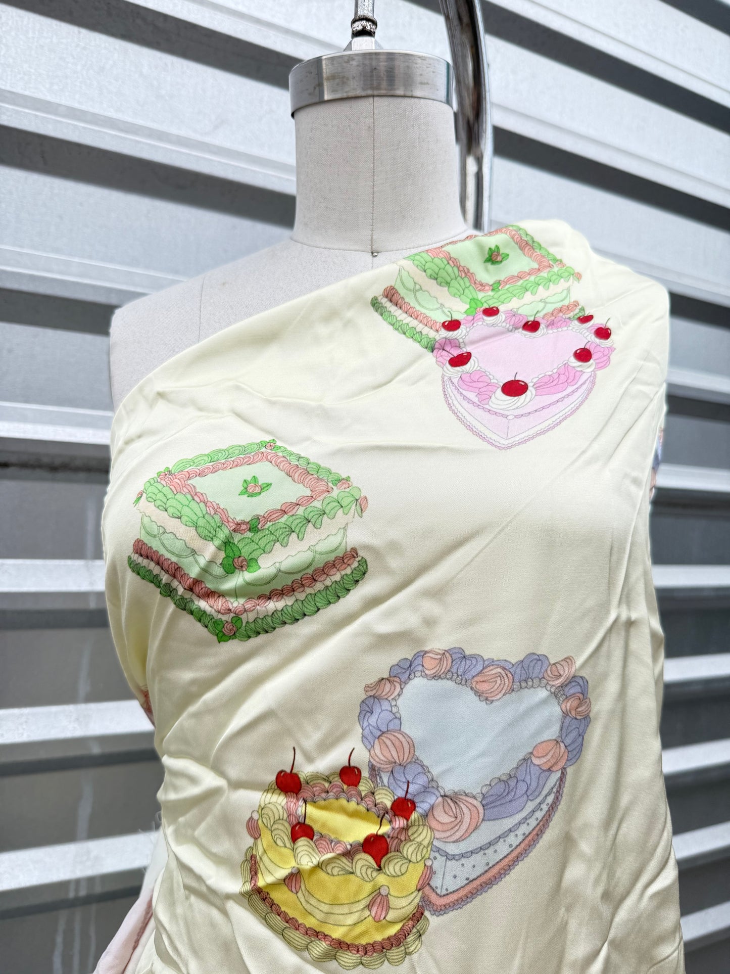 Yellow Heart Cake Print Rayon Satin Woven “Bake My Day"