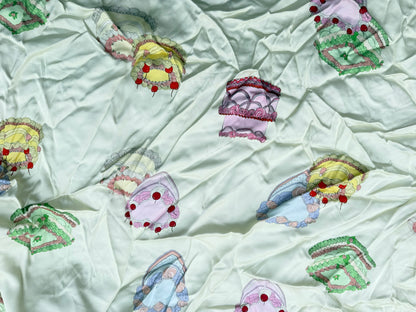 Yellow Heart Cake Print Rayon Satin Woven “Bake My Day"