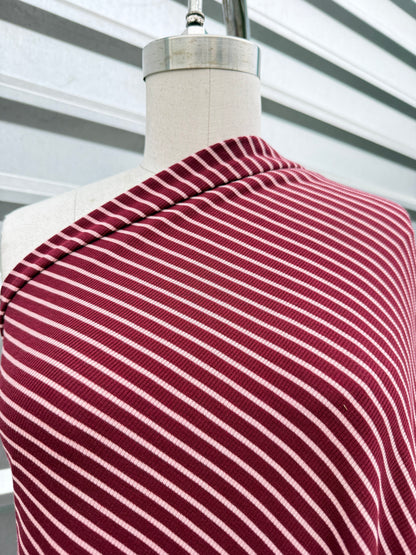 Burgundy Pink Mini Stripe 2x1 Soft Rayon Spandex Rib Knit "Berry Nice"