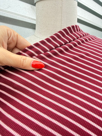 Burgundy Pink Mini Stripe 2x1 Soft Rayon Spandex Rib Knit "Berry Nice"