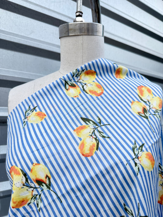Blue White Yellow Lemon Stripe Cotton Poplin Shirting Woven "Main Squeeze"