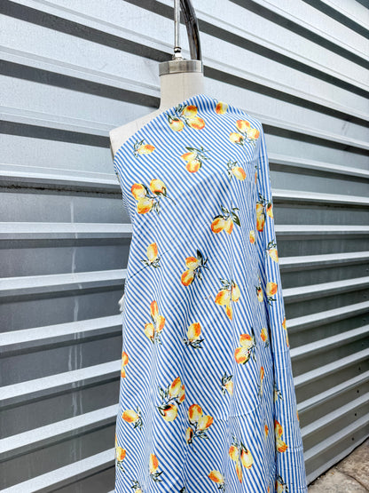 Blue White Yellow Lemon Stripe Cotton Poplin Shirting Woven "Main Squeeze"