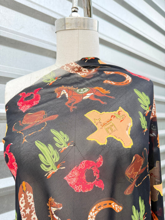Black Red Green Cactus Cowboy Western Print Sheer Polyester Chiffon "Sqaure Dancin' "