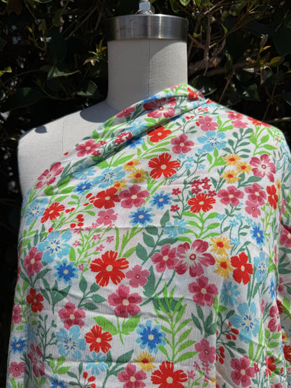 White Blue Red Green Multi Color Ditsy Floral Rayon Challis "Off To The Meadow"