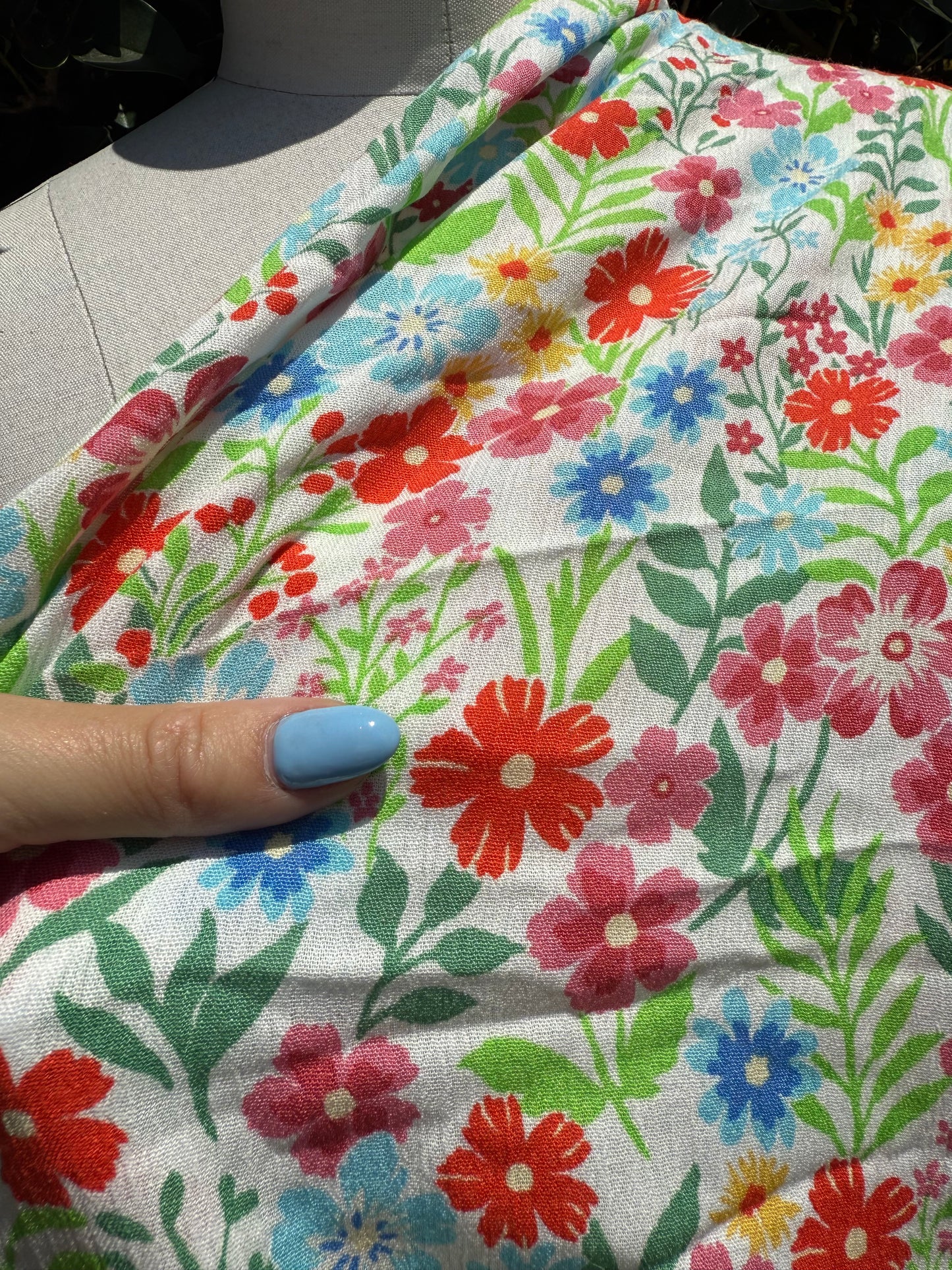 White Blue Red Green Multi Color Ditsy Floral Rayon Challis "Off To The Meadow"