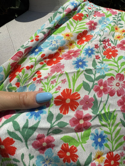 White Blue Red Green Multi Color Ditsy Floral Rayon Challis "Off To The Meadow"