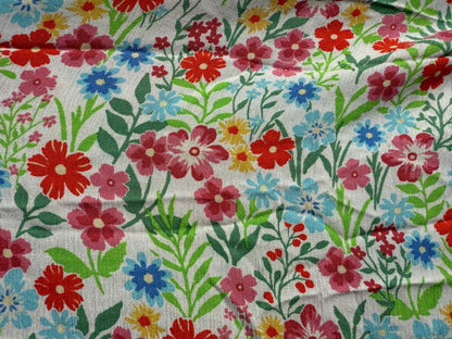 White Blue Red Green Multi Color Ditsy Floral Rayon Challis "Off To The Meadow"