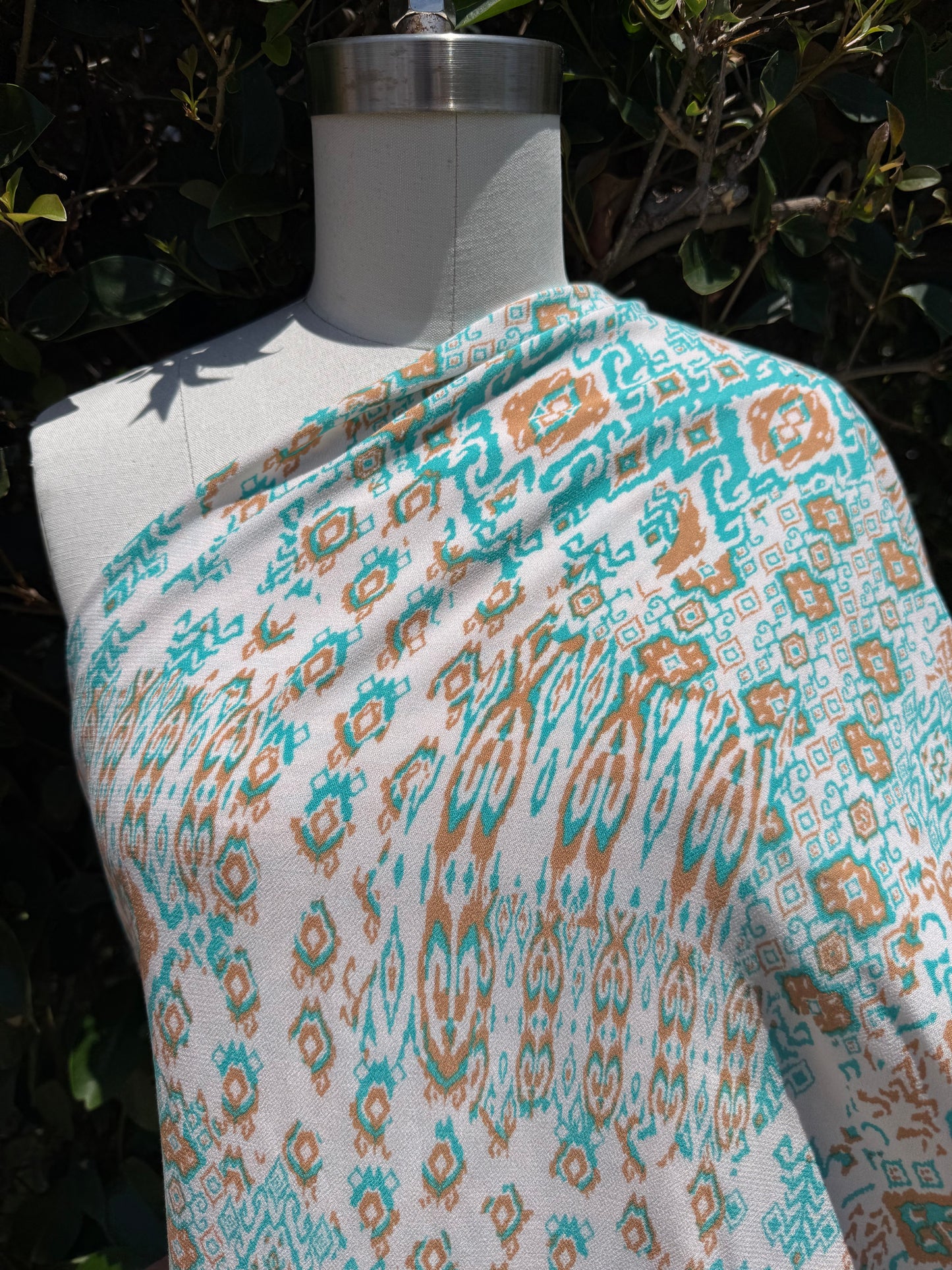 Turquoise Tan Brown White Southwest Geometric Print Rayon Soft Crepe Woven "Tuscon Breeze"