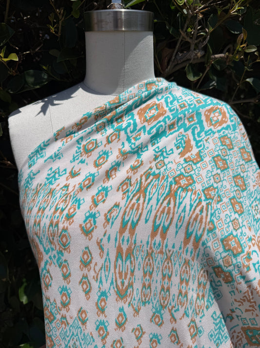Turquoise Tan Brown White Southwest Geometric Print Rayon Soft Crepe Woven "Tuscon Breeze"