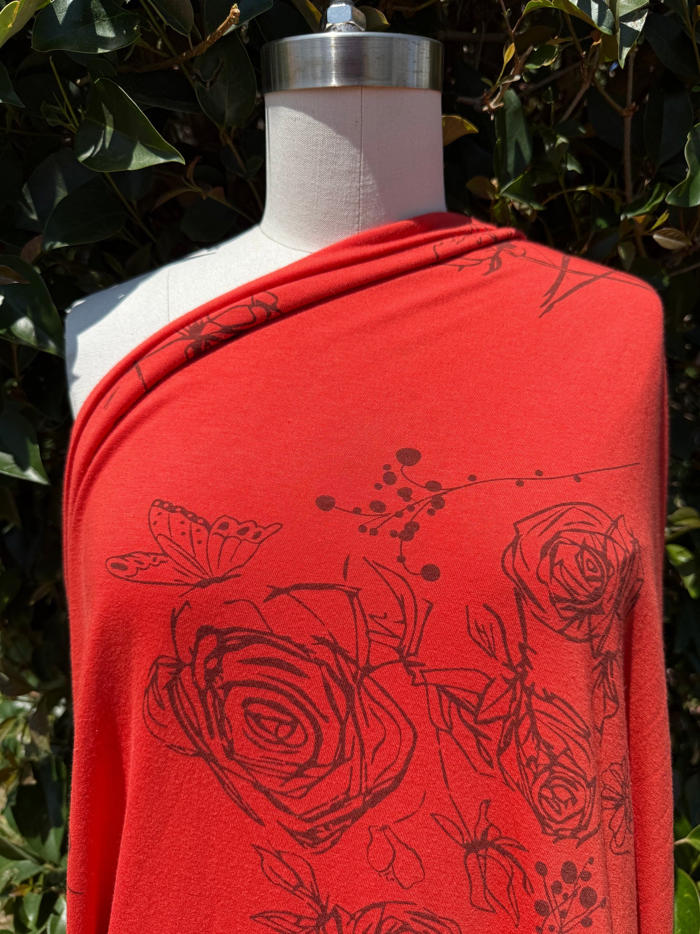Poppy Red Rose Butterfly Scribble Illustration Bamboo Spandex Jersey "Sketch Book Moment"