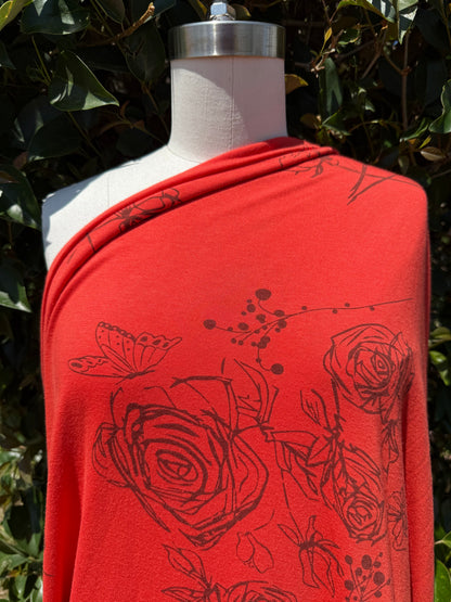 Poppy Red Rose Butterfly Scribble Illustration Bamboo Spandex Jersey "Sketch Book Moment"