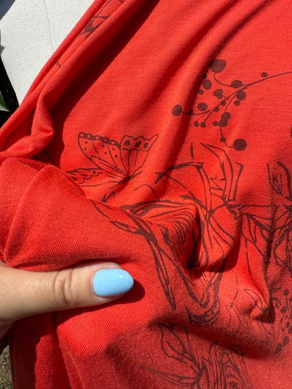 Poppy Red Rose Butterfly Scribble Illustration Bamboo Spandex Jersey "Sketch Book Moment"