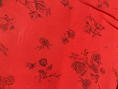 Poppy Red Rose Butterfly Scribble Illustration Bamboo Spandex Jersey "Sketch Book Moment"