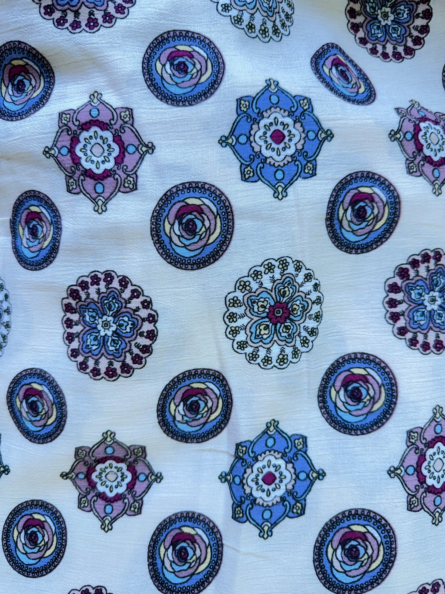 White Blue Maroon Medallion Boho Print Rayon Crepe Woven "Mojavi Air"