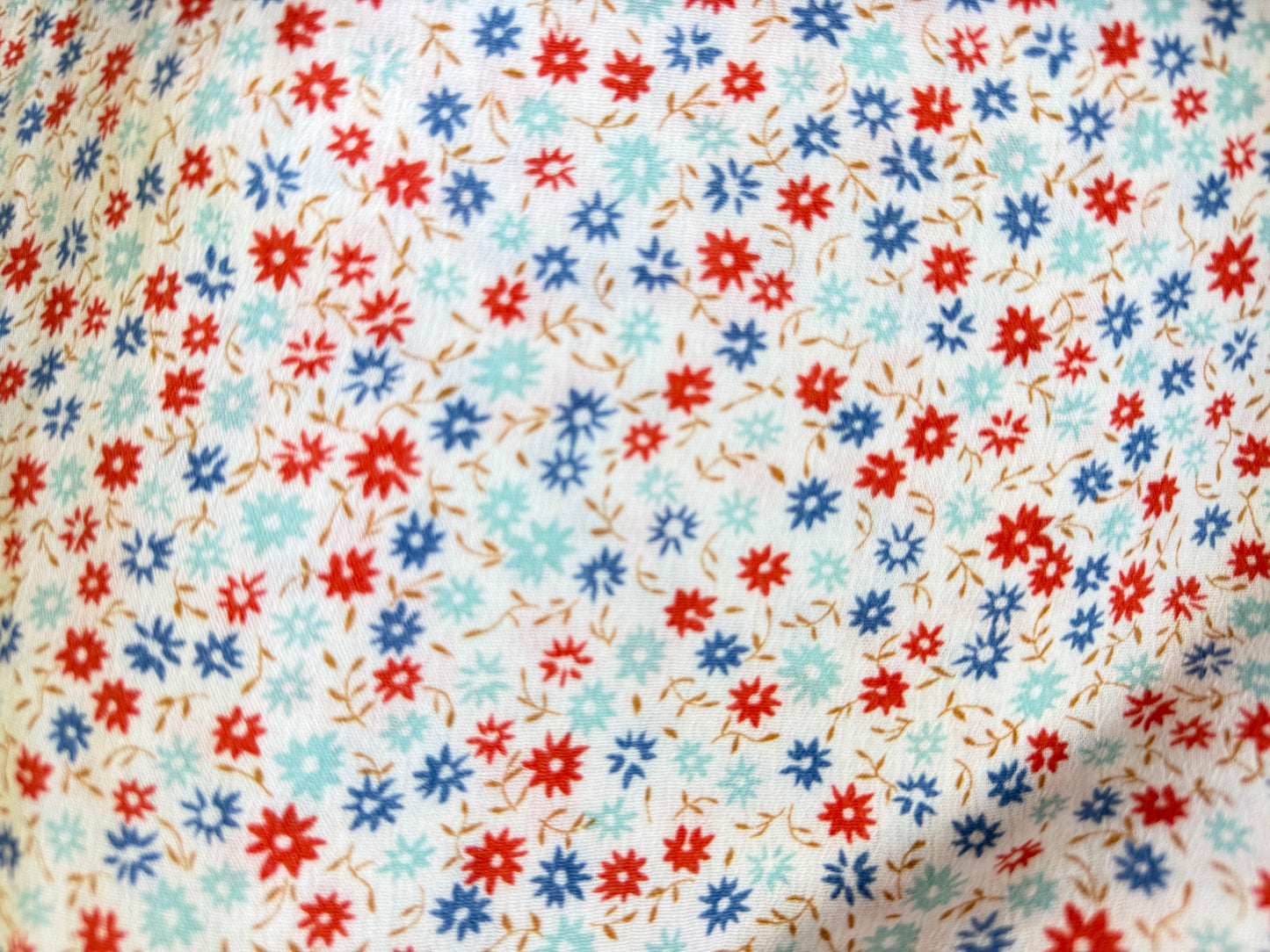 White Blue Red Ditsy Floral Print Rayon Crepe Woven "Cutie Blooms"