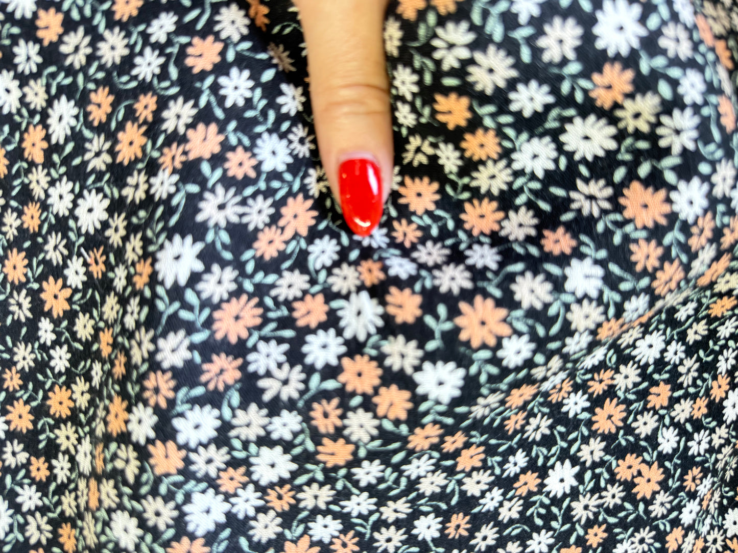 Black Peach Green White Ditsy Floral Print Rayon Crepe "Jessie Blooms"