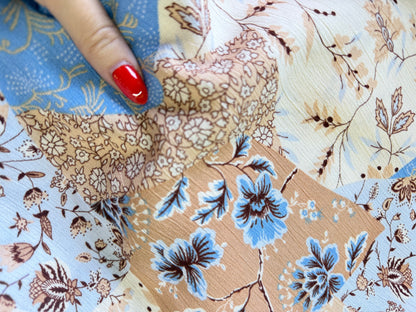 Blue Cream Taupe Patchwork Floral Crepe "Annie on the Praire"
