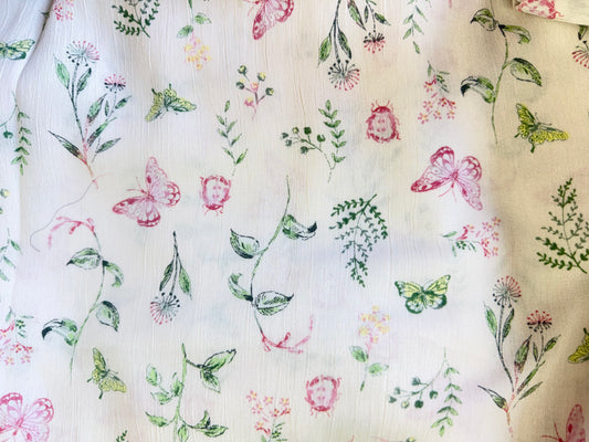 White Green Pink Butterfly Floral Print Rayon Crepe "Painted Lady"