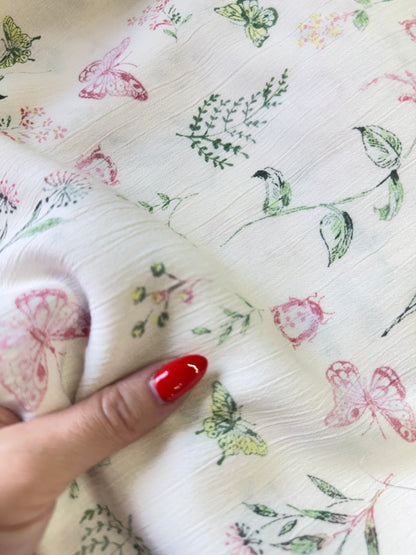 White Green Pink Butterfly Floral Print Rayon Crepe "Painted Lady"