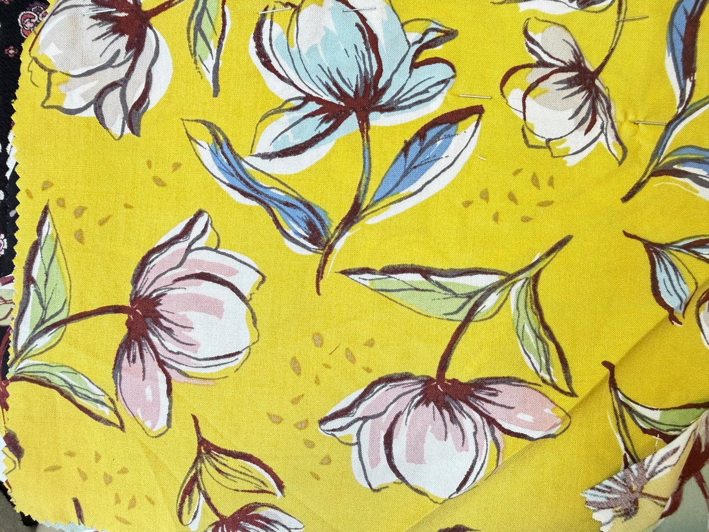 Yellow Pink Blue Tulips Floral Print Rayon Challis Woven "Mama Blooms"