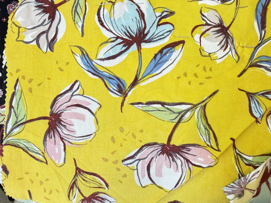 Yellow Pink Blue Tulips Floral Print Rayon Challis Woven "Mama Blooms"