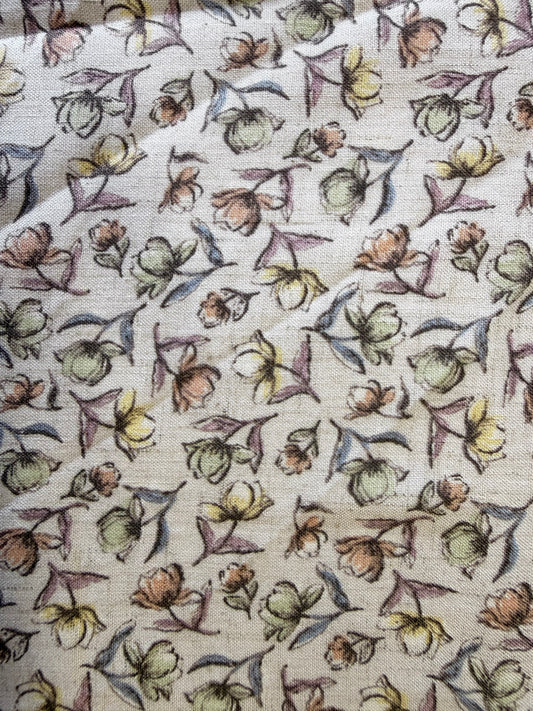 Taupe Green Yellow Peach Ditsy Tulip Floral Rayon Crepe Woven "Mini Blooms"