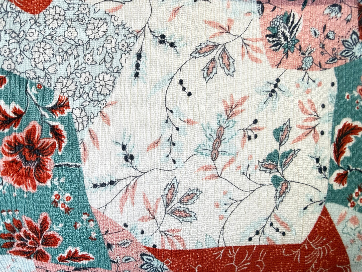 Ivory Rust Turquoise Patchwork Floral Rayon Crepe Woven "Autumn on the Praire"