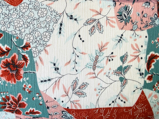 Ivory Rust Turquoise Patchwork Floral Rayon Crepe Woven "Autumn on the Praire"