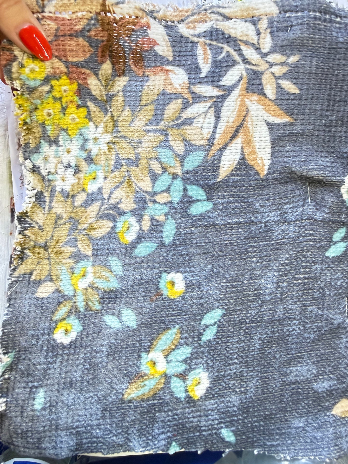 Grey Yellow Rust Floral Rayon Chenille Sweater Knit " Cozy Jessie"
