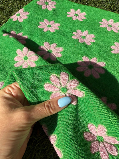 Green Pink Daisy Floral Polyester Terry Cloth Knit "Spring Daisy"